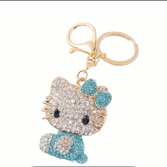 Sanrio Hello Kitty Keyring/Bag Charm Teal Sparkling Rhinestones Golden Tone - Picture 1 of 9